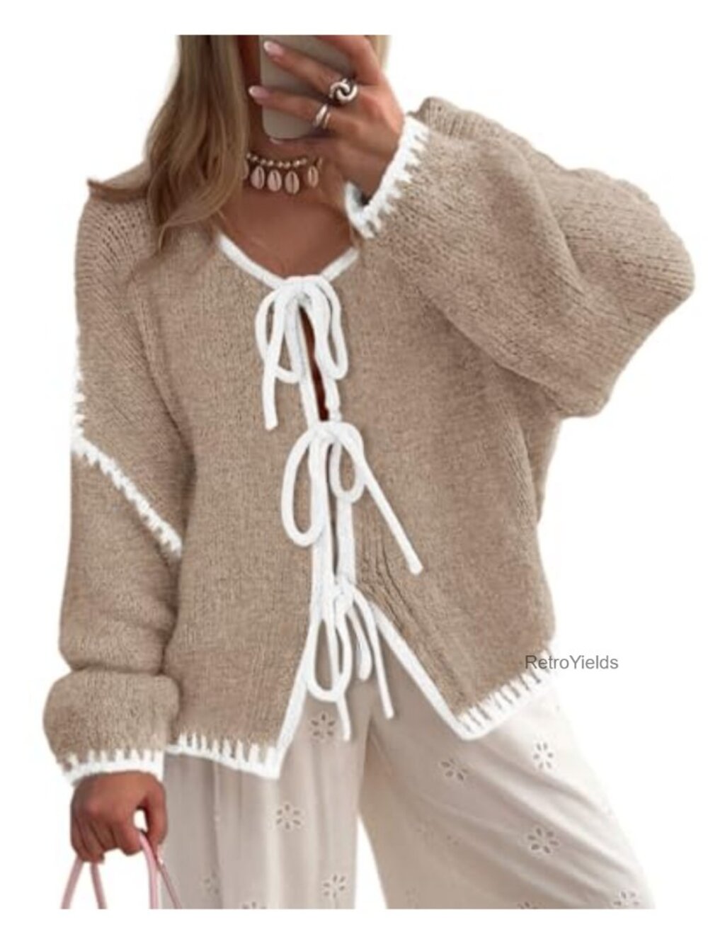 Tie Front Bow Cardigan Sweater Cable Knit Puff Sleeve Women's